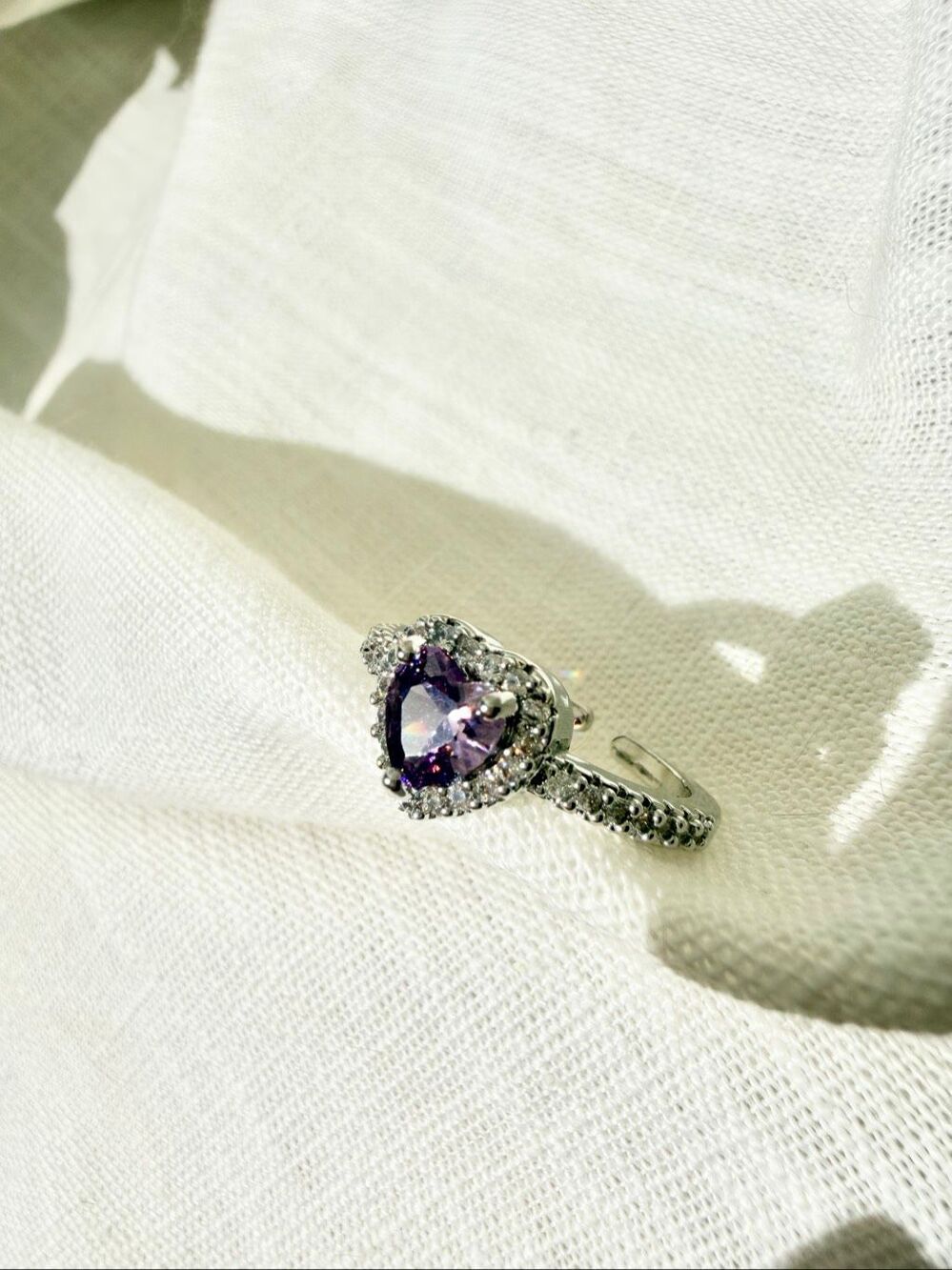 Purple Heart Cubic Zirconia Adjustable Ring Silver Tone Halo